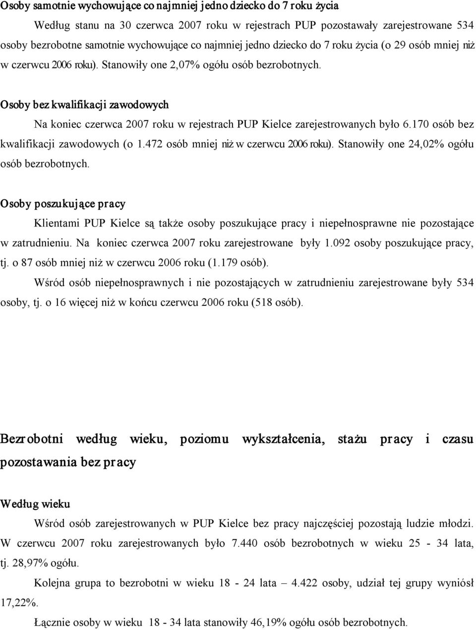 Osoby bez kwalifikacji zawodowych Na koniec czerwca 2007 roku w rejestrach PUP Kielce zarejestrowanych było 6.170 osób bez kwalifikacji zawodowych (o 1.472 osób mniej niż w czerwcu 2006 roku).