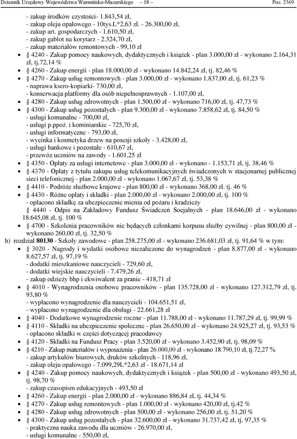 72,14 % 4260 - Zakup energii - plan 18.000,00 zł - wykonano 14.842,24 zł, tj. 82,46 % 4270 - Zakup usług remontowych - plan 3.000,00 zł - wykonano 1.837,00 zł, tj.