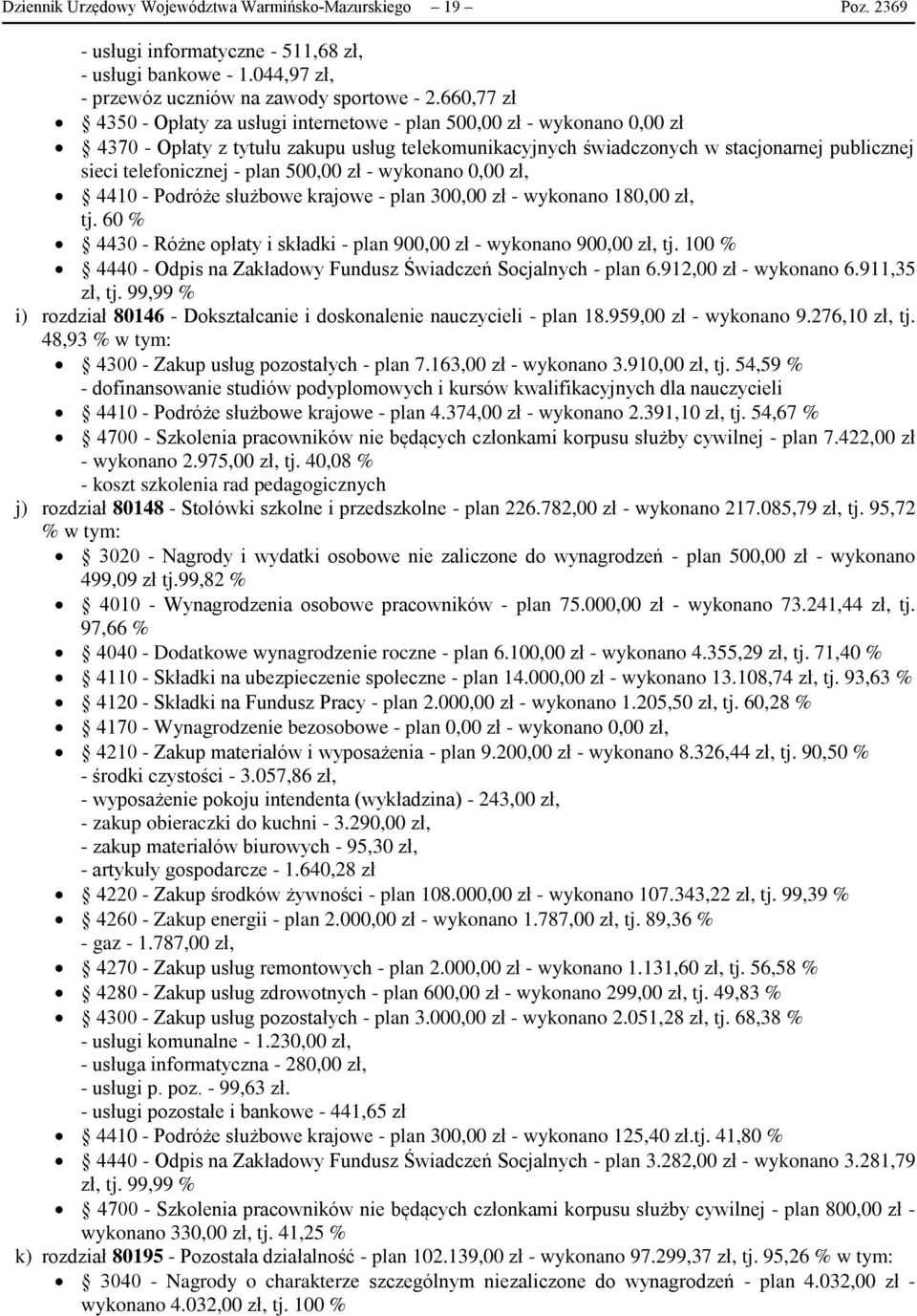 plan 500,00 zł - wykonano 0,00 zł, 4410 - Podróże służbowe krajowe - plan 300,00 zł - wykonano 180,00 zł, tj. 60 % 4430 - Różne opłaty i składki - plan 900,00 zł - wykonano 900,00 zł, tj.