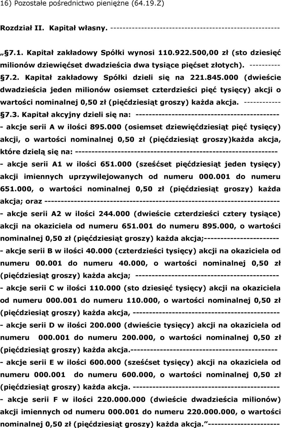 000 (dwieście dwadzieścia jeden milionów osiemset czterdzieści pięć tysięcy) akcji o wartości nominalnej 0,50 zł (pięćdziesiąt groszy) każda akcja. ------------ 7.3.