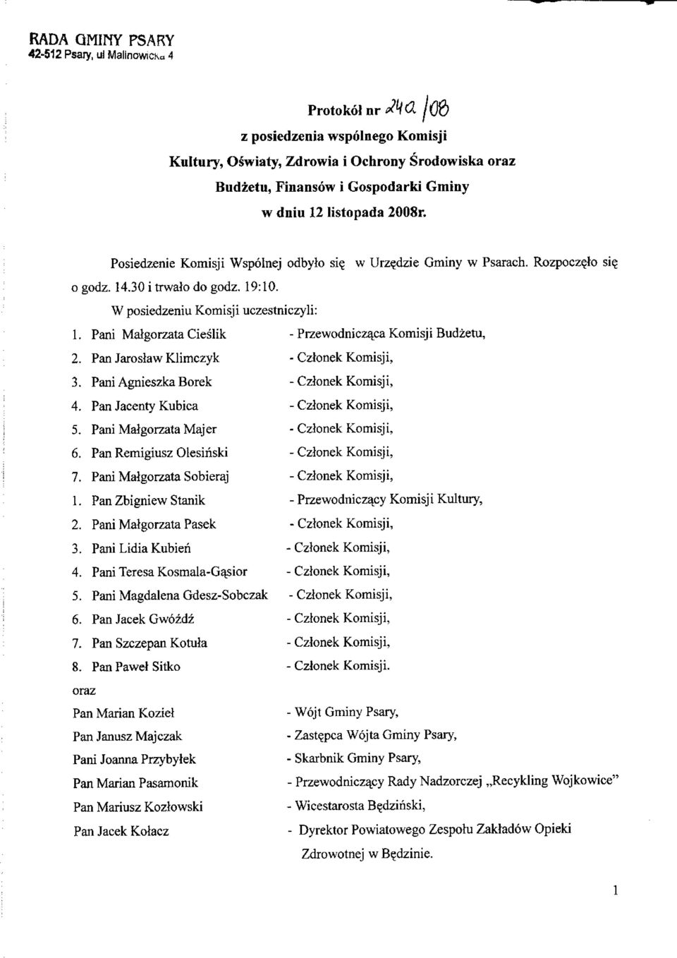 Pan Jaroslaw Klimczyk 3. Pani Agnieszka Borek 4. Pan Jacenty Kubica 5. Pani Malgorzata Majer 6. Pan Remigiusz Olesiriski 7. Pani Malgorzata Sobieraj 1. Pan Zbigniew Stanik 2. Pani Malgorzata Pasek 3.