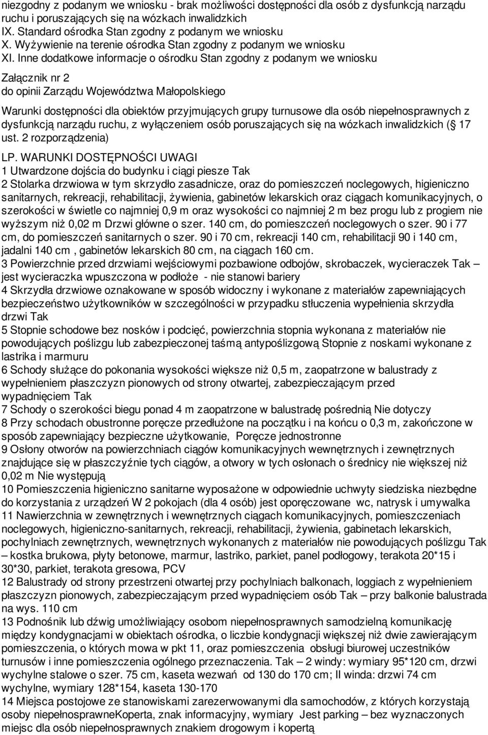 Inne dodatkowe informacje o ośrodku Stan zgodny z podanym we wniosku Załącznik nr 2 do opinii Zarządu Województwa Małopolskiego Warunki dostępności dla obiektów przyjmujących grupy turnusowe dla osób