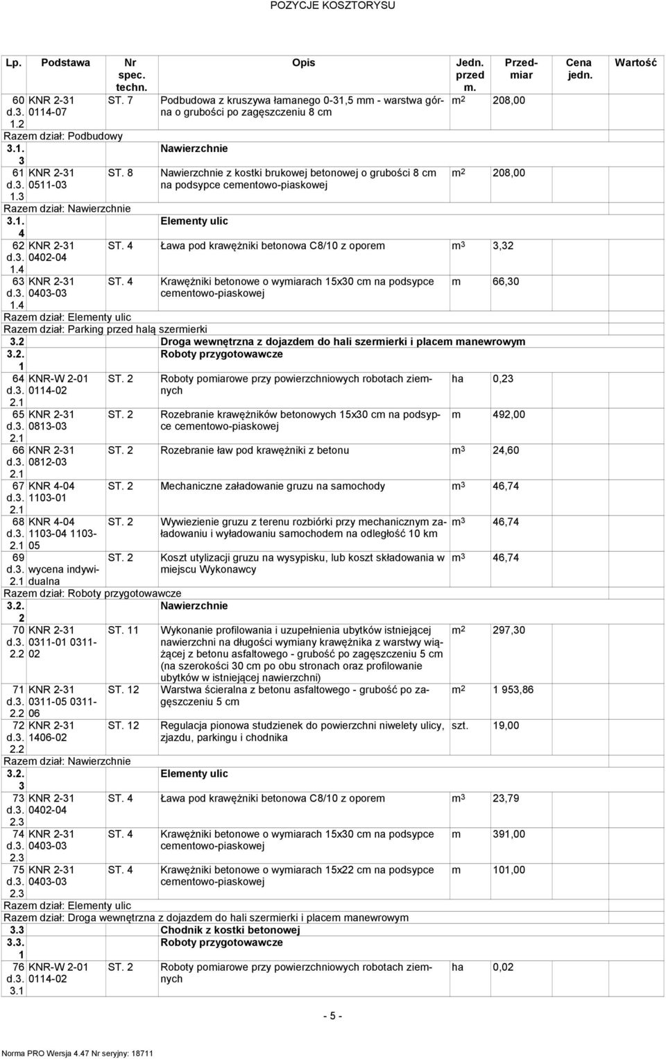 6. 00-0 00-0 Podbudowa z kruszywa łamanego 0-,5 mm - warstwa górna z kostki brukowej betonowej o grubości 8 cm na podsypce m 08,00 m 08,00 Ława pod krawężniki betonowa C8/0 z oporem m, Krawężniki