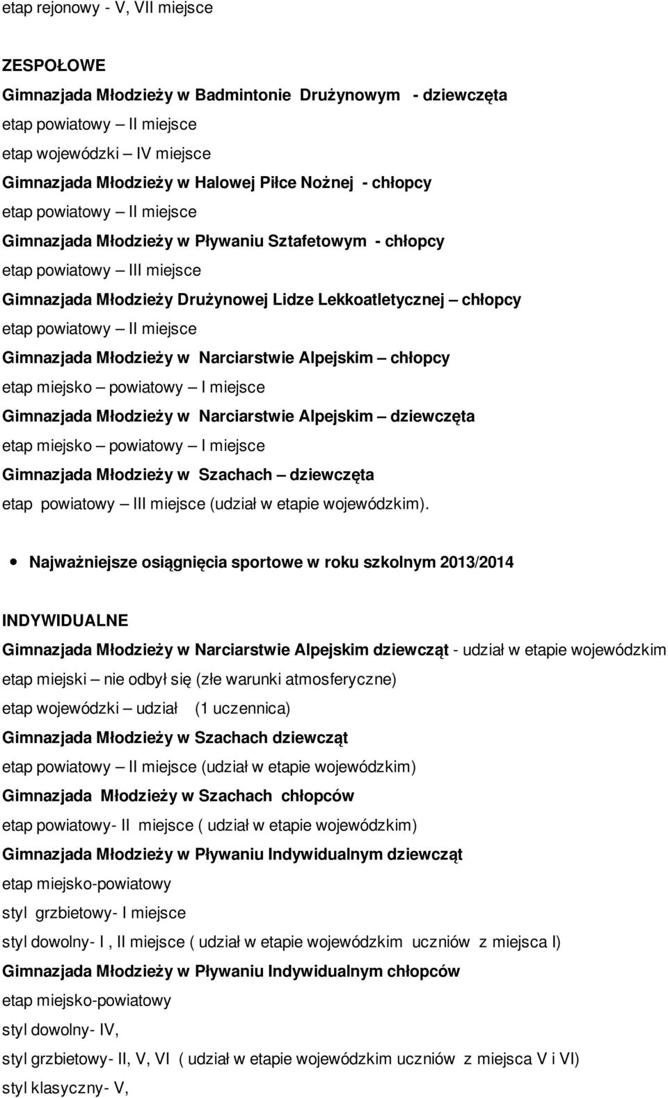 miejsce Gimnazjada Młodzieży w Narciarstwie Alpejskim chłopcy etap miejsko powiatowy I miejsce Gimnazjada Młodzieży w Narciarstwie Alpejskim dziewczęta etap miejsko powiatowy I miejsce Gimnazjada