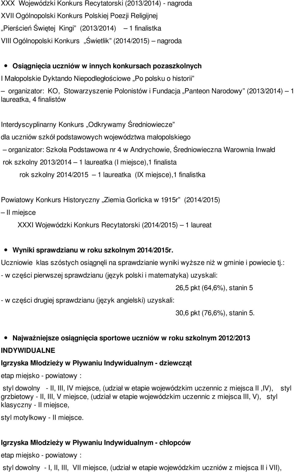 Narodowy (2013/2014) 1 laureatka, 4 finalistów Interdyscyplinarny Konkurs Odkrywamy Średniowiecze dla uczniów szkół podstawowych województwa małopolskiego organizator: Szkoła Podstawowa nr 4 w