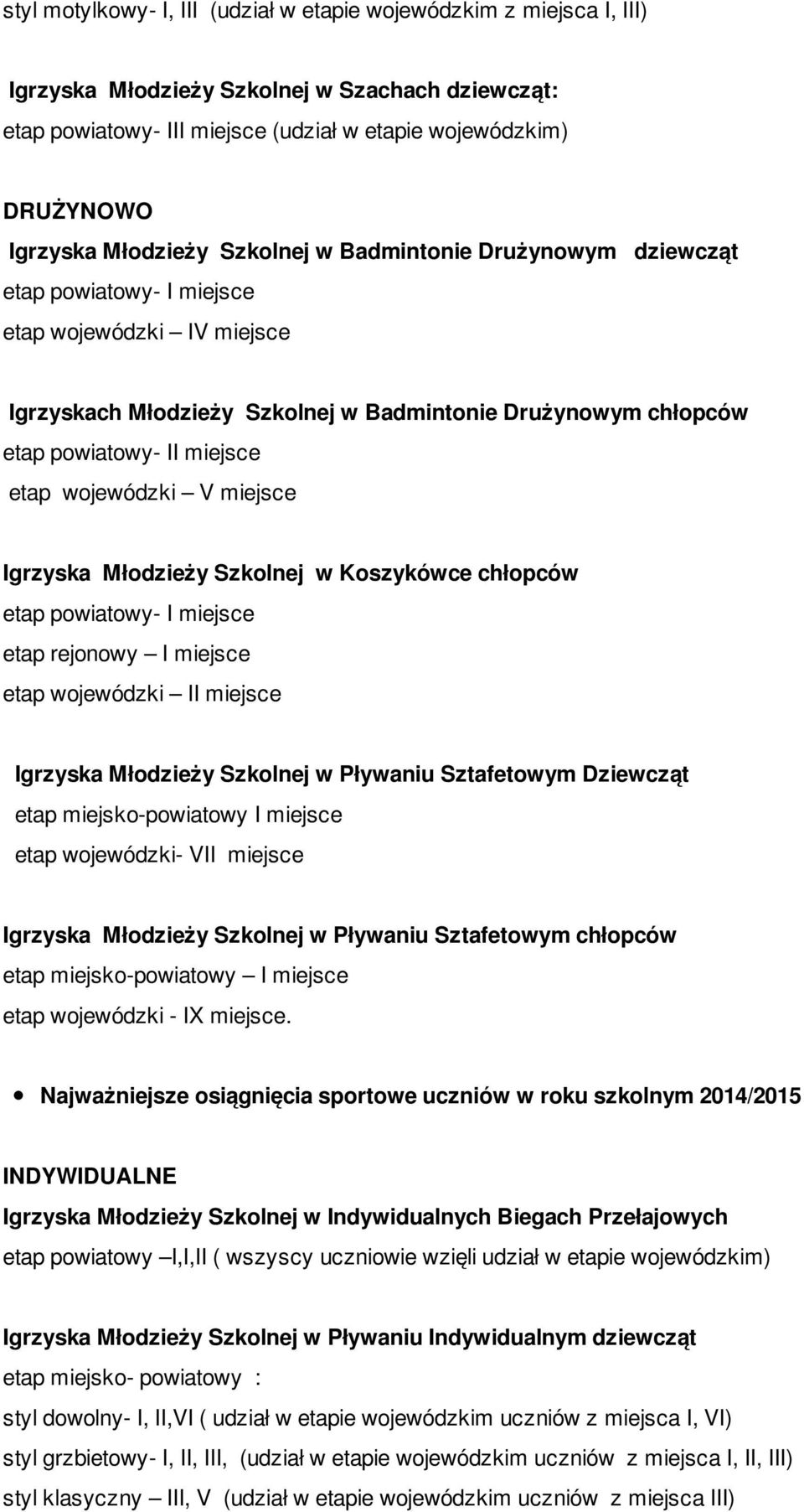 etap wojewódzki V miejsce Igrzyska Młodzieży Szkolnej w Koszykówce chłopców etap powiatowy- I miejsce etap rejonowy I miejsce etap wojewódzki II miejsce Igrzyska Młodzieży Szkolnej w Pływaniu