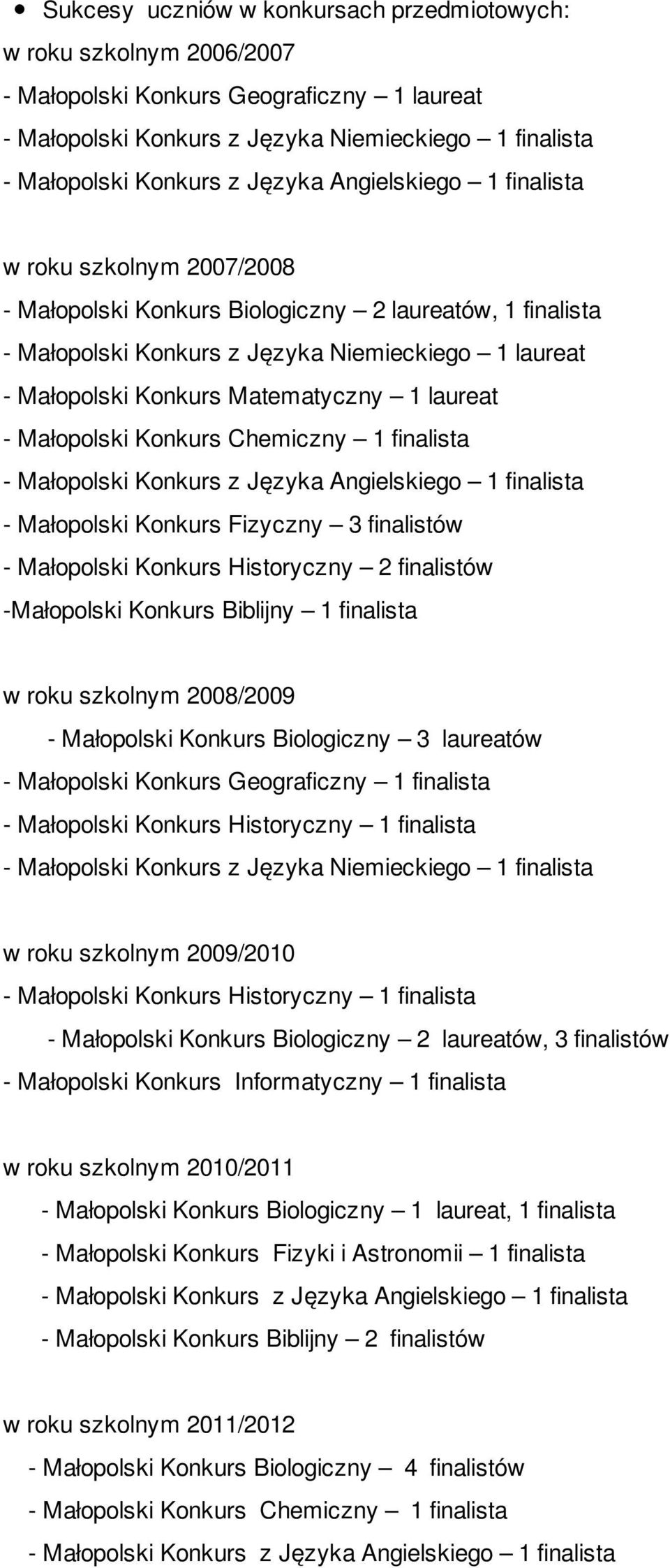 laureat - Małopolski Konkurs Chemiczny 1 finalista - Małopolski Konkurs z Języka Angielskiego 1 finalista - Małopolski Konkurs Fizyczny 3 finalistów - Małopolski Konkurs Historyczny 2 finalistów