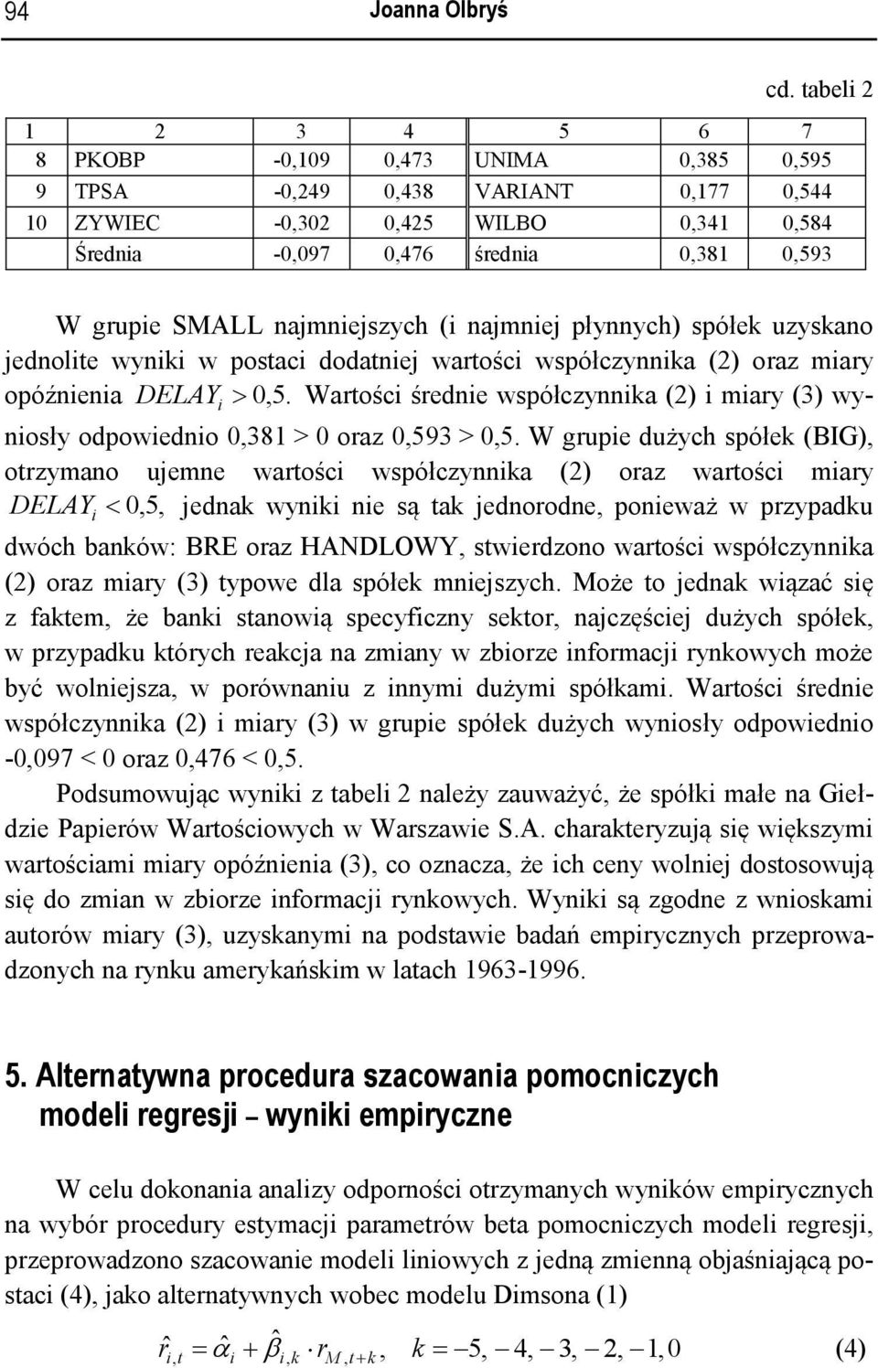 najmniejszych (i najmniej płynnych) spółek uzyskano jednolite wyniki w postaci dodatniej wartości współczynnika (2) oraz miary opóźnienia DELAY i > 0,5.