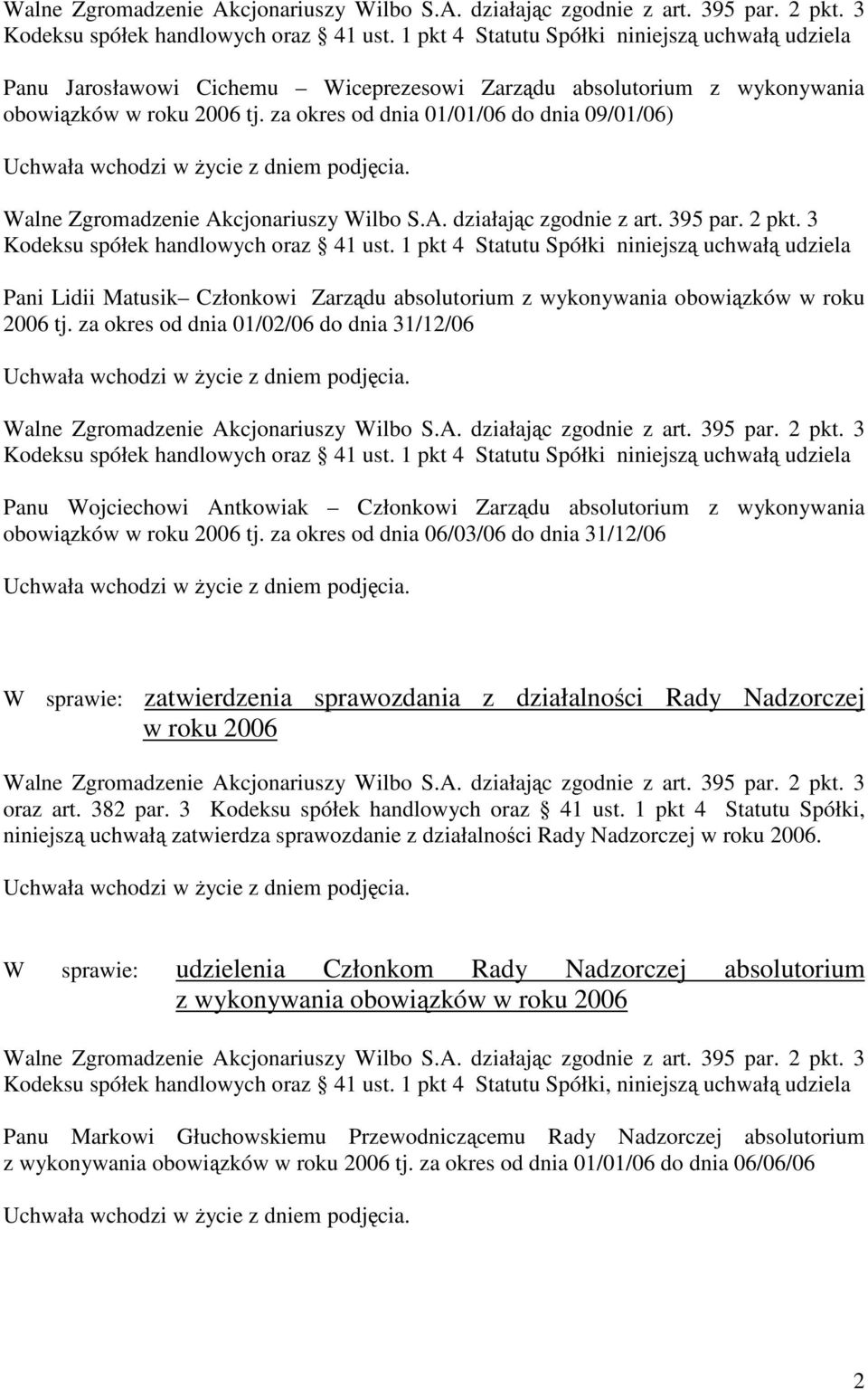 1 pkt 4 Statutu Spółki niniejszą uchwałą udziela Pani Lidii Matusik Członkowi Zarządu absolutorium z wykonywania obowiązków w roku 2006 tj.