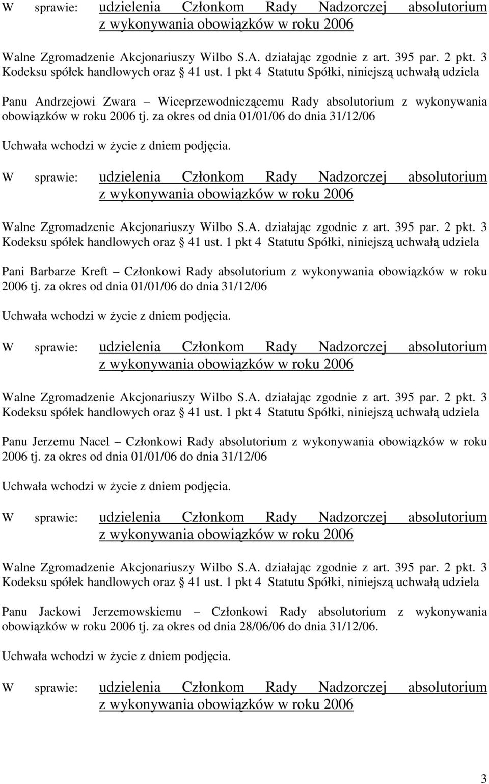 za okres od dnia 01/01/06 do dnia 31/12/06 Panu Jerzemu Nacel Członkowi Rady absolutorium z wykonywania obowiązków w roku 2006 tj.