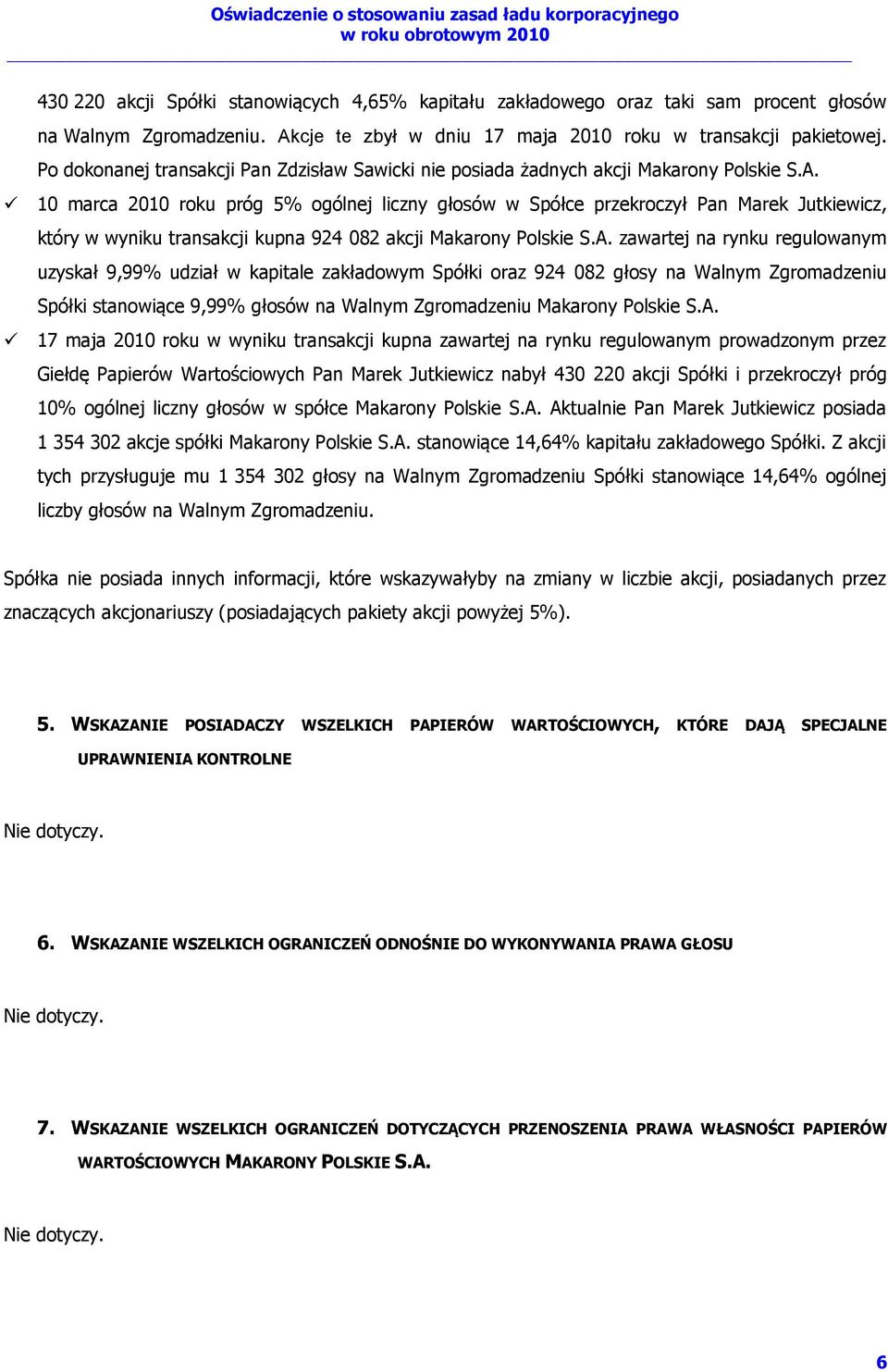 10 marca 2010 roku próg 5% ogólnej liczny głosów w Spółce przekroczył Pan Marek Jutkiewicz, który w wyniku transakcji kupna 924 082 akcji Makarony Polskie S.A.