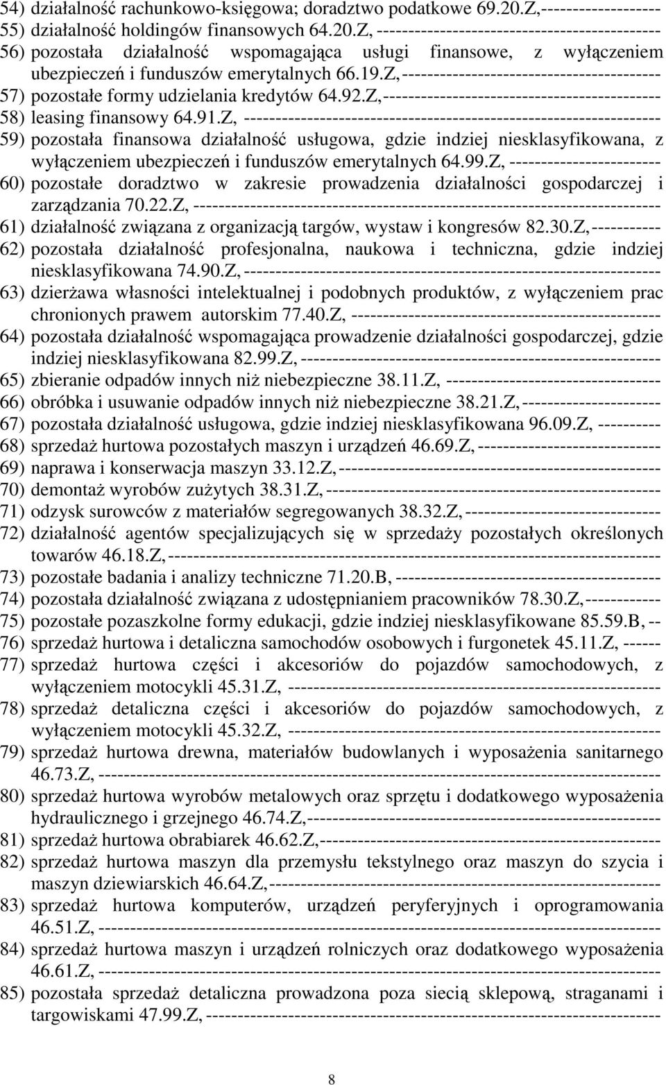 Z, --------------------------------------------- 56) pozostała działalność wspomagająca usługi finansowe, z wyłączeniem ubezpieczeń i funduszów emerytalnych 66.19.