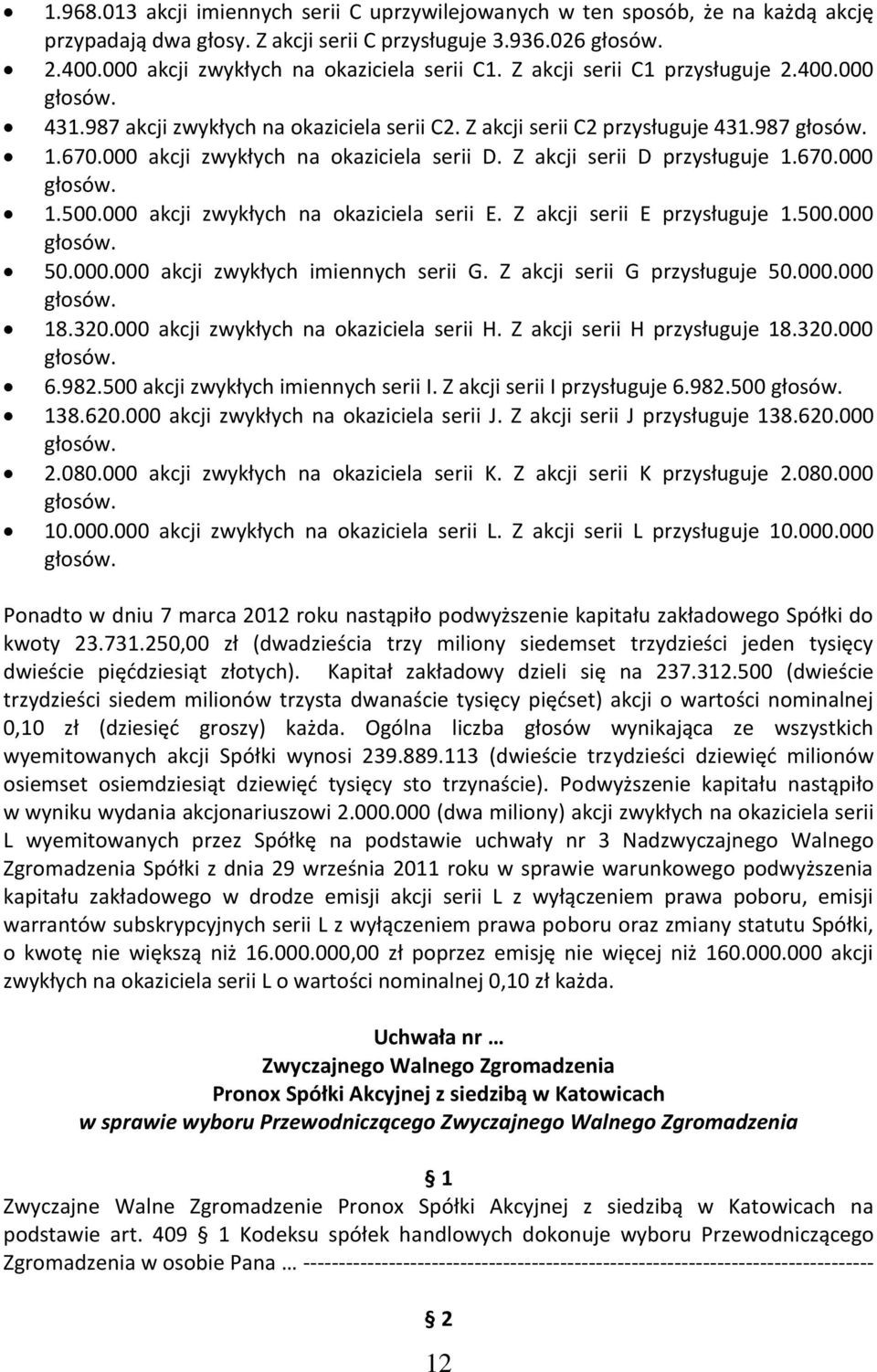 Z akcji serii D przysługuje 1.670.000 głosów. 1.500.000 akcji zwykłych na okaziciela serii E. Z akcji serii E przysługuje 1.500.000 głosów. 50.000.000 akcji zwykłych imiennych serii G.