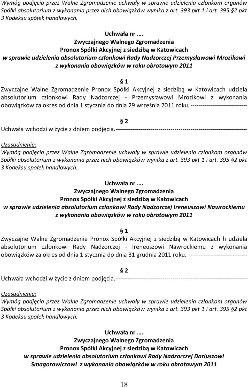 w sprawie udzielenia absolutorium członkowi Rady Nadzorczej Przemysławowi Mrozikowi z wykonania obowiązków w roku obrotowym 2011 Zwyczajne Walne Zgromadzenie udziela absolutorium członkowi Rady