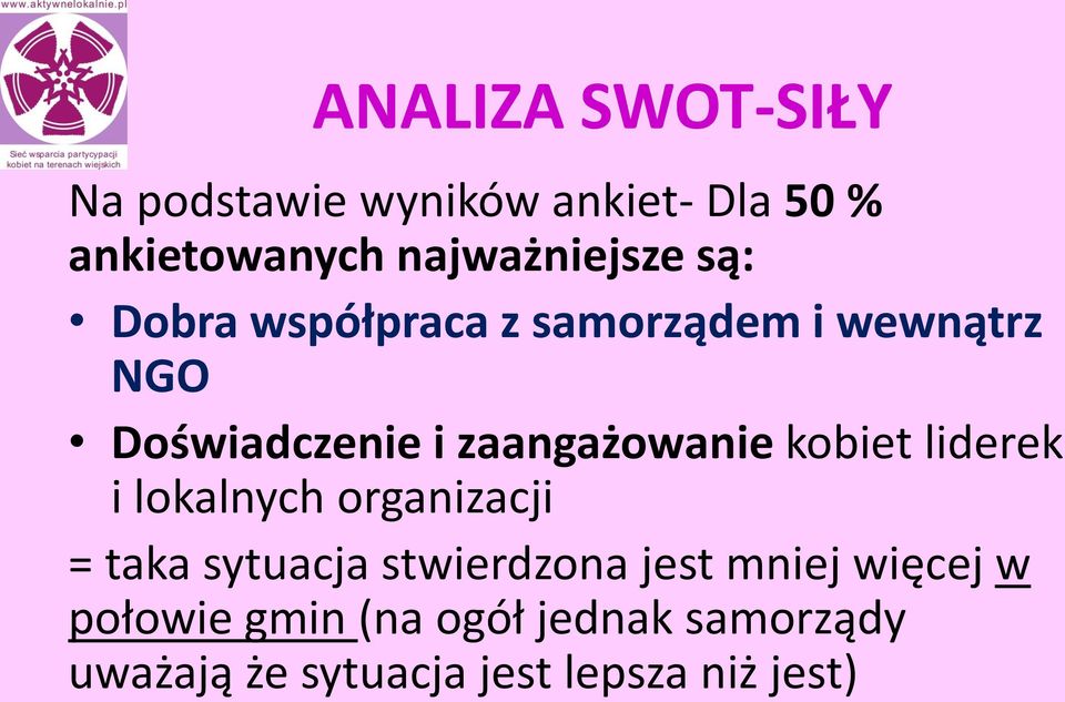 zaangażowanie kobiet liderek i lokalnych organizacji = taka sytuacja stwierdzona