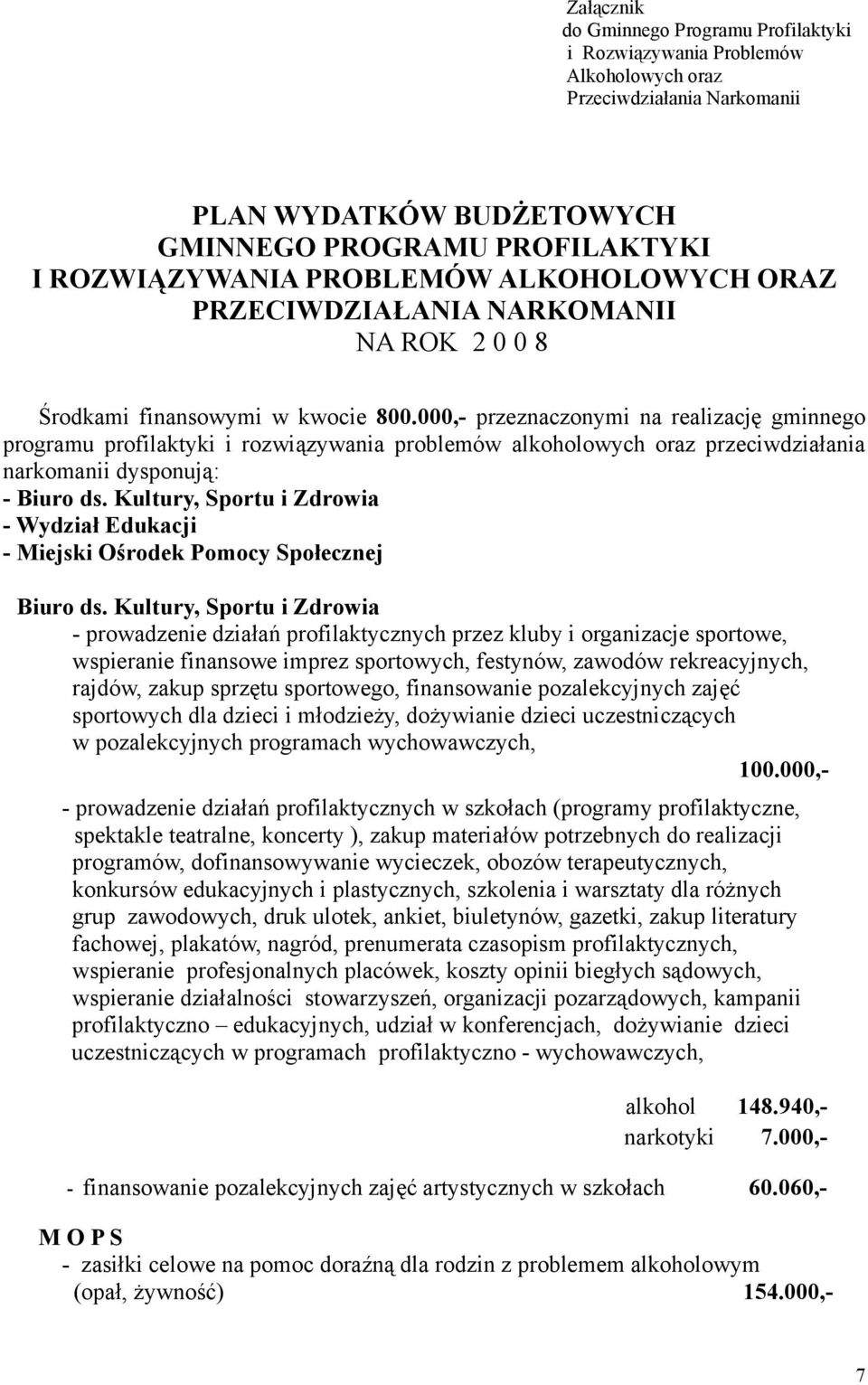 000,- przeznaczonymi na realizację gminnego programu profilaktyki i rozwiązywania problemów alkoholowych oraz przeciwdziałania narkomanii dysponują: - Biuro ds.