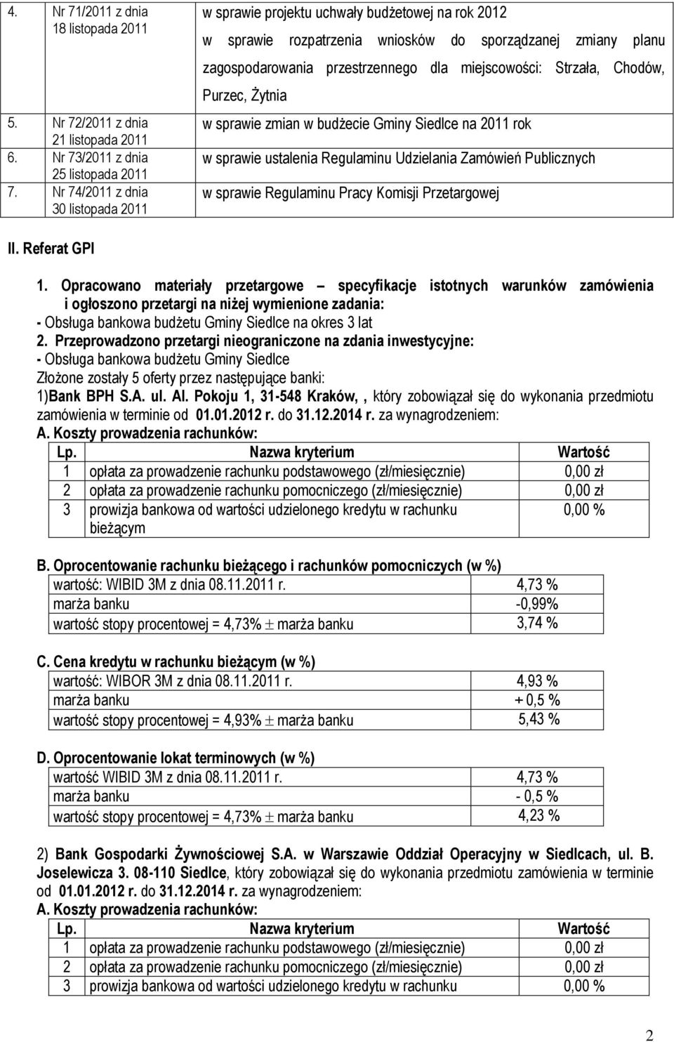 Strzała, Chodów, Purzec, Żytnia w sprawie zmian w budżecie Gminy Siedlce na 2011 rok w sprawie ustalenia Regulaminu Udzielania Zamówień Publicznych w sprawie Regulaminu Pracy Komisji Przetargowej II.