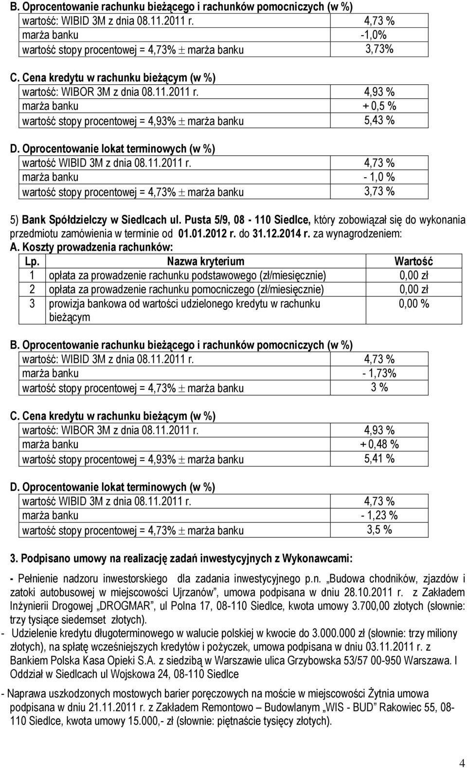 za wynagrodzeniem: 0,00 % marża banku - 1,73% wartość stopy procentowej = 4,73% marża banku 3 % marża banku + 0,48 % wartość stopy procentowej = 4,93% marża banku 5,41 % marża banku - 1,23 % wartość