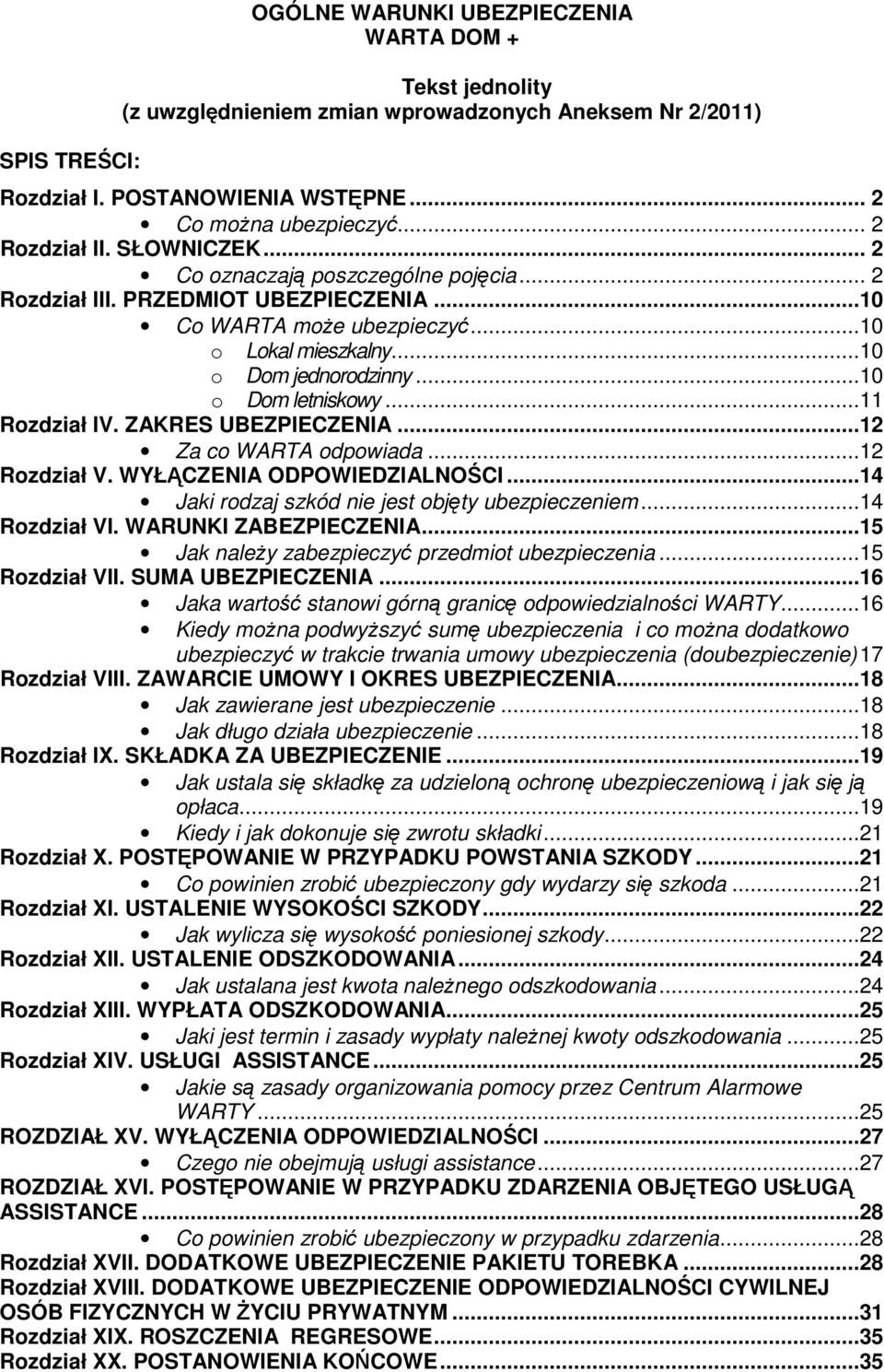 ..10 o Dom letniskowy...11 Rozdział IV. ZAKRES UBEZPIECZENIA...12 Za co WARTA odpowiada...12 Rozdział V. WYŁĄCZENIA ODPOWIEDZIALNOŚCI...14 Jaki rodzaj szkód nie jest objęty ubezpieczeniem.