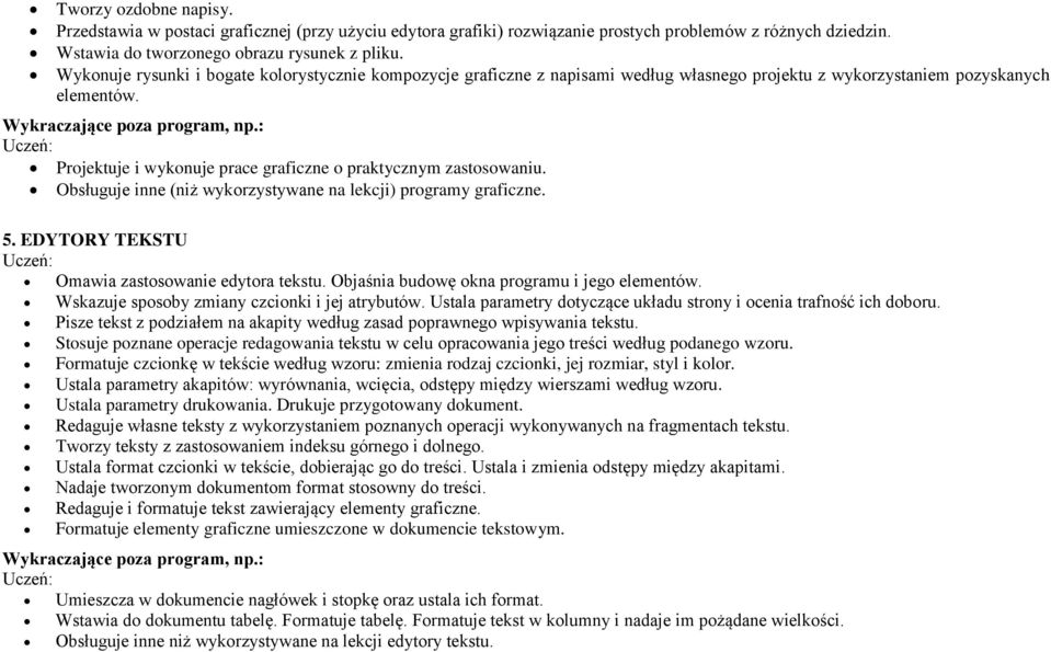 : Projektuje i wykonuje prace graficzne o praktycznym zastosowaniu. Obsługuje inne (niż wykorzystywane na lekcji) programy graficzne. 5. EDYTORY TEKSTU Omawia zastosowanie edytora tekstu.