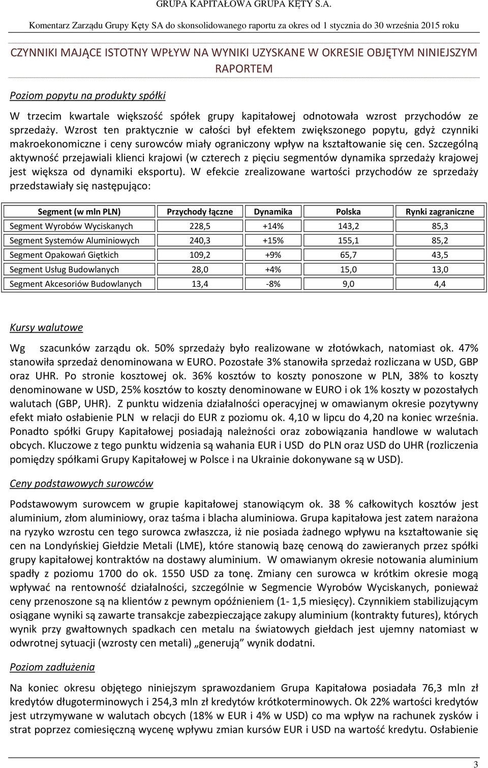 Szczególną aktywność przejawiali klienci krajowi (w czterech z pięciu segmentów dynamika sprzedaży krajowej jest większa od dynamiki eksportu).