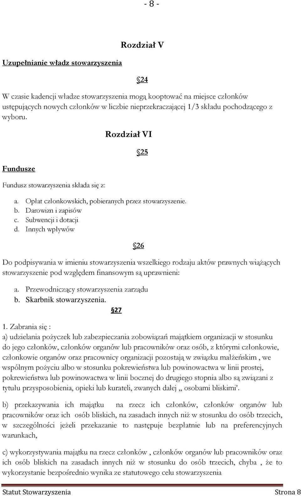 Innych wpływów 26 Do podpisywania w imieniu stowarzyszenia wszelkiego rodzaju aktów prawnych wiążących stowarzyszenie pod względem finansowym są uprawnieni: a. Przewodniczący stowarzyszenia zarządu b.