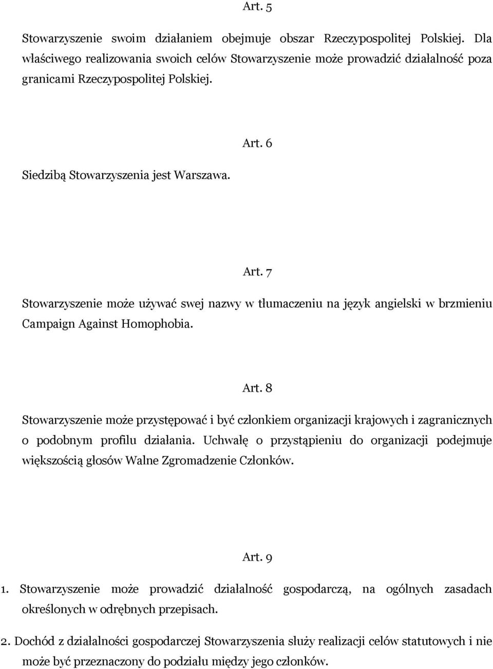 7 Stowarzyszenie może używać swej nazwy w tłumaczeniu na język angielski w brzmieniu Campaign Against Homophobia. Art.