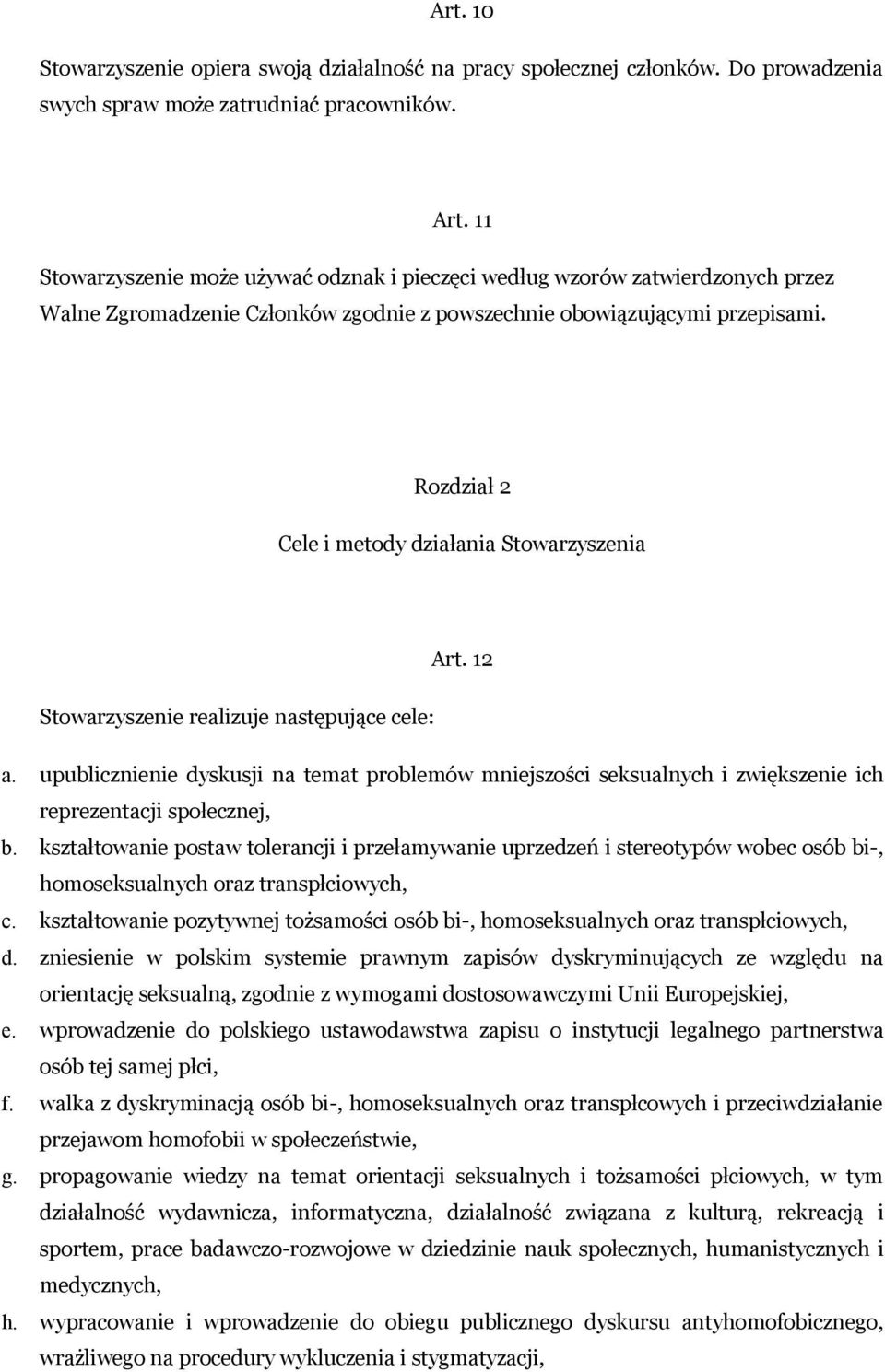 Rozdział 2 Cele i metody działania Stowarzyszenia Art. 12 Stowarzyszenie realizuje następujące cele: a.