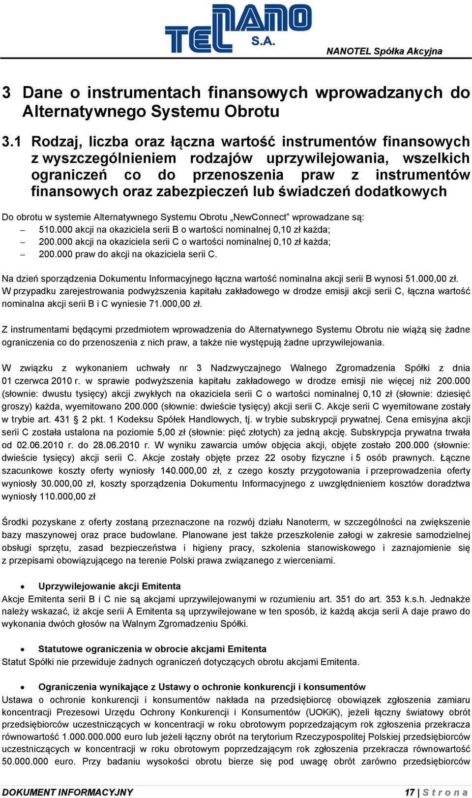 lub świadczeń dodatkowych Do obrotu w systemie Alternatywnego Systemu Obrotu NewConnect wprowadzane są: 510.000 akcji na okaziciela serii B o wartości nominalnej 0,10 zł każda; 200.