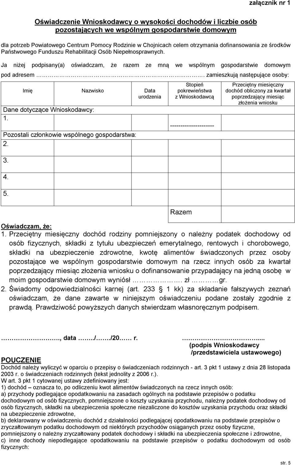 zamieszkują następujące osoby: Imię Nazwisko Data urodzenia Dane dotyczące Wnioskodawcy: 1. Pozostali członkowie wspólnego gospodarstwa: 2. 3. 4. 5.