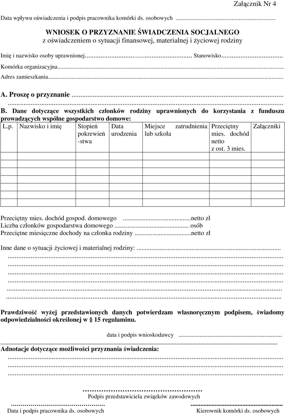 .. Adres zamieszkania... A. Proszę o przyznanie... B. Dane dotyczące wszystkich członków rodziny uprawnionych do korzystania z funduszu prowadzących wspólne gospodarstwo domowe: L.p. Nazwisko i imię Stopień pokrewień -stwa Data urodzenia Miejsce lub szkoła zatrudnienia Przeciętny mies.