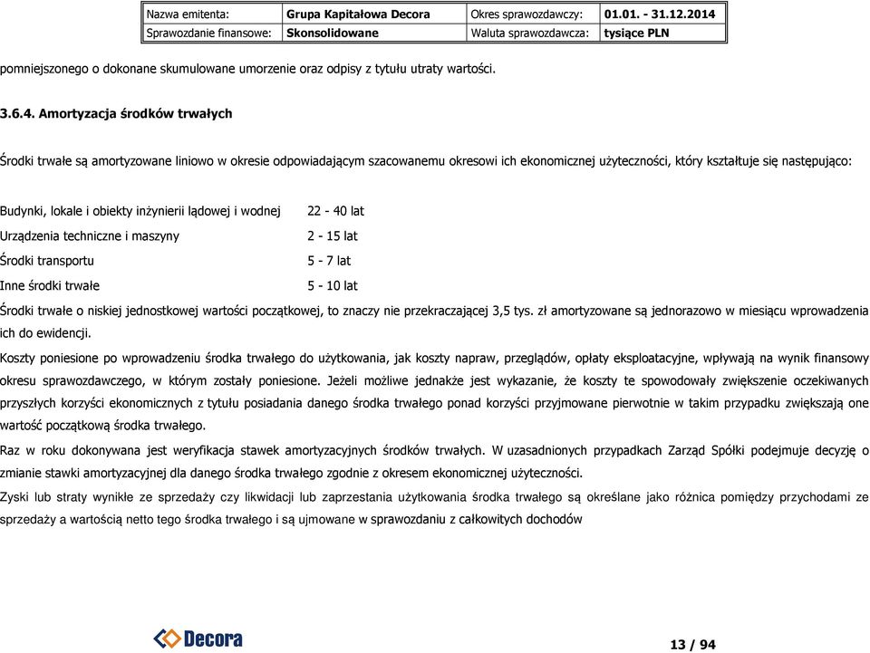 obiekty inżynierii lądowej i wodnej 22-40 lat Urządzenia techniczne i maszyny 2-15 lat Środki transportu 5-7 lat Inne środki trwałe 5-10 lat Środki trwałe o niskiej jednostkowej wartości początkowej,