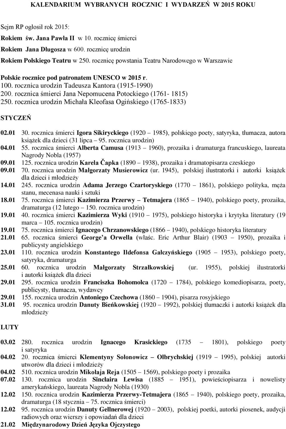 rocznica urodzin Tadeusza Kantora (1915-1990) 200. rocznica śmierci Jana Nepomucena Potockiego (1761-1815) 250. rocznica urodzin Michała Kleofasa Ogińskiego (1765-1833) STYCZEŃ 02.01 30.