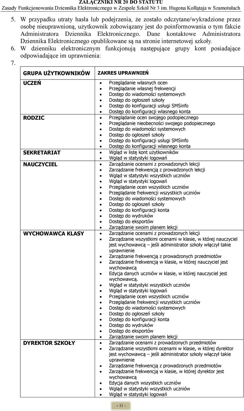W dzienniku elektronicznym funkcjonują następujące grupy kont posiadające odpowiadające im uprawnienia: 7.