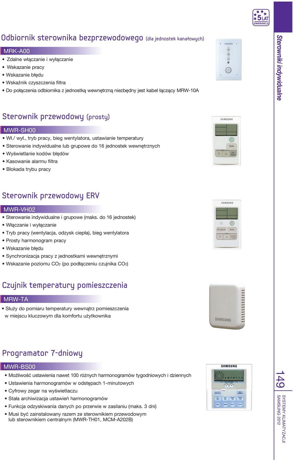 , tryb pracy, bieg wentylatora, ustawianie temperatury Sterowanie indywidualne lub grupowe do 16 jednostek wewnętrznych AHU Kit Do połączenia odbiornika z jednostką wewnętrzną niezbędny jest kabel