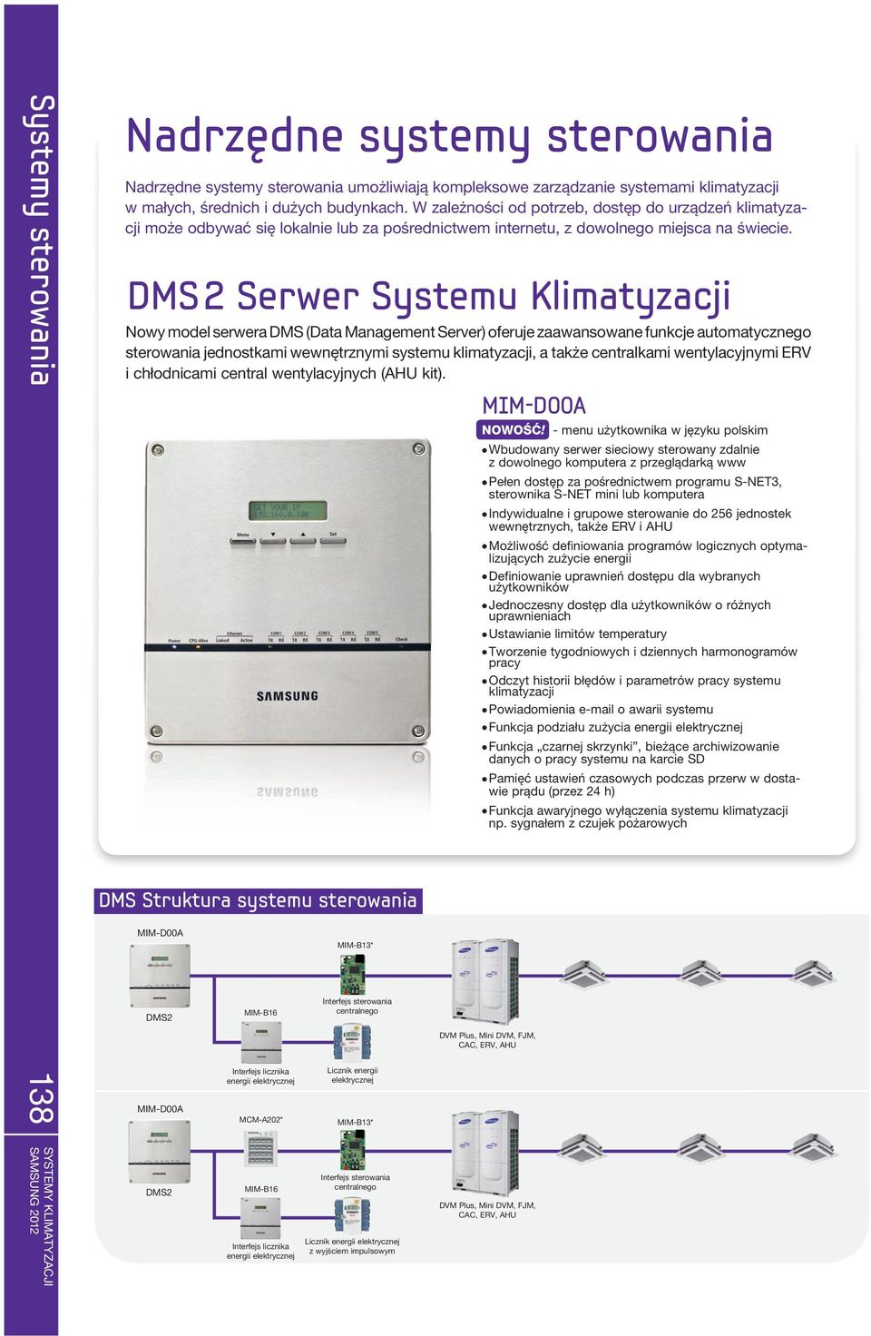 DMS 2 Serwer Systemu Klimatyzacji Nowy model serwera DMS (Data Management Server) oferuje zaawansowane funkcje automatycznego sterowania jednostkami wewnętrznymi systemu klimatyzacji, a także