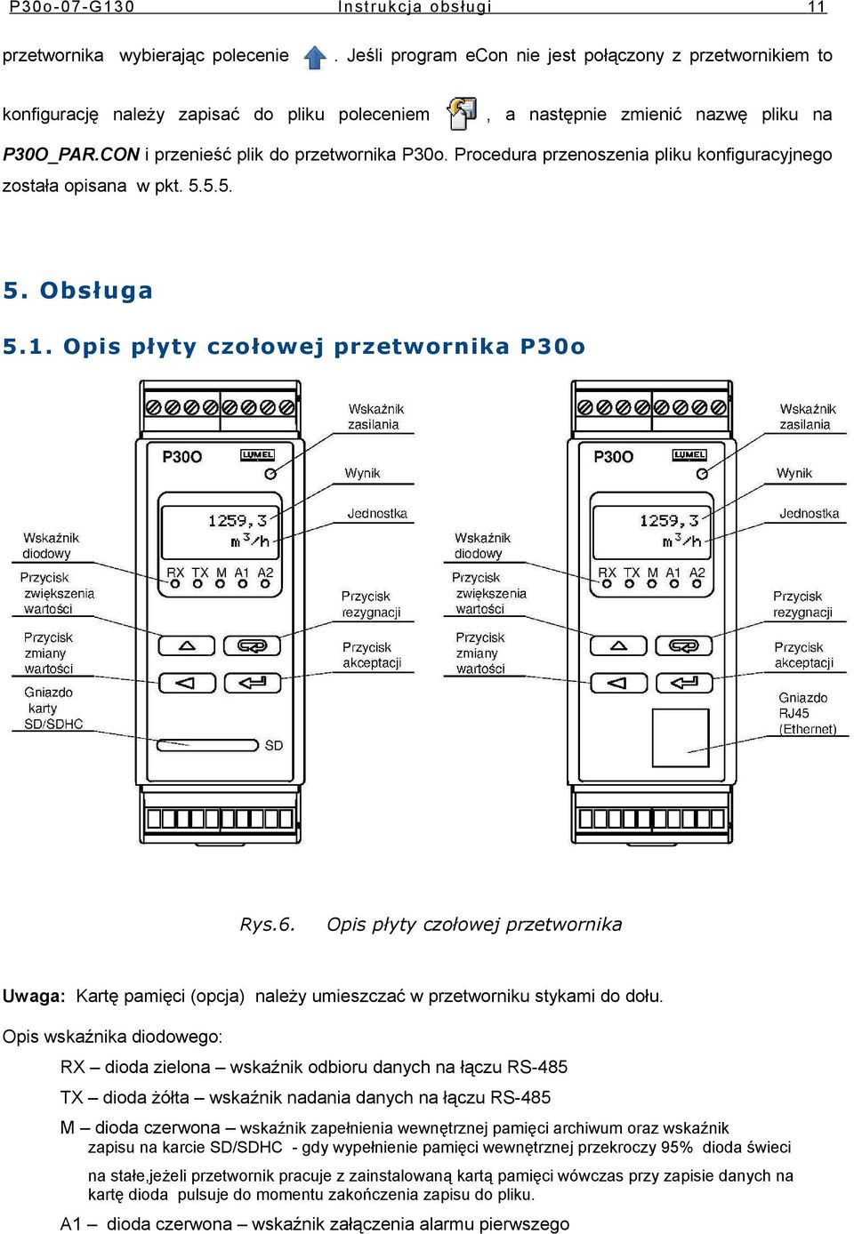 Prcedura przenszenia pliku knfiguracyjneg zstała pisana w pkt. 5.5.5. 5. Obsługa 5.. płyty człwej przetwrnika P3 Rys.6.