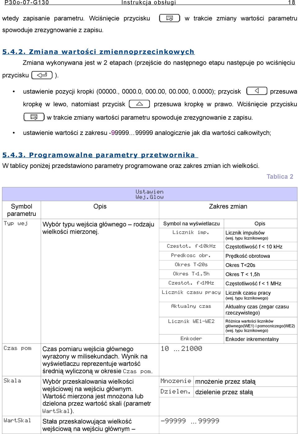 ,.,.,.); przycisk krpkę w lew, natmiast przycisk przesuwa przesuwa krpkę w praw. Wciśnięcie przycisku w trakcie zmiany wartści parametru spwduje zrezygnwanie z zapisu.