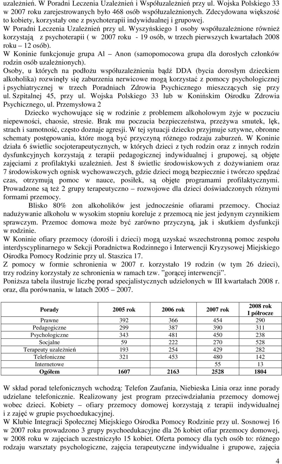 Wyszyńskiego 1 osoby współuzaleŝnione równieŝ korzystają z psychoterapii ( w 2007 roku - 19 osób, w trzech pierwszych kwartałach 2008 roku 12 osób).