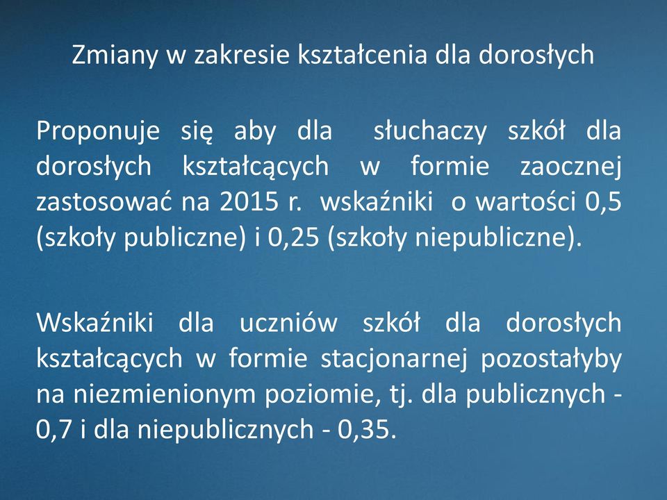 wskaźniki o wartości 0,5 (szkoły publiczne) i 0,25 (szkoły niepubliczne).