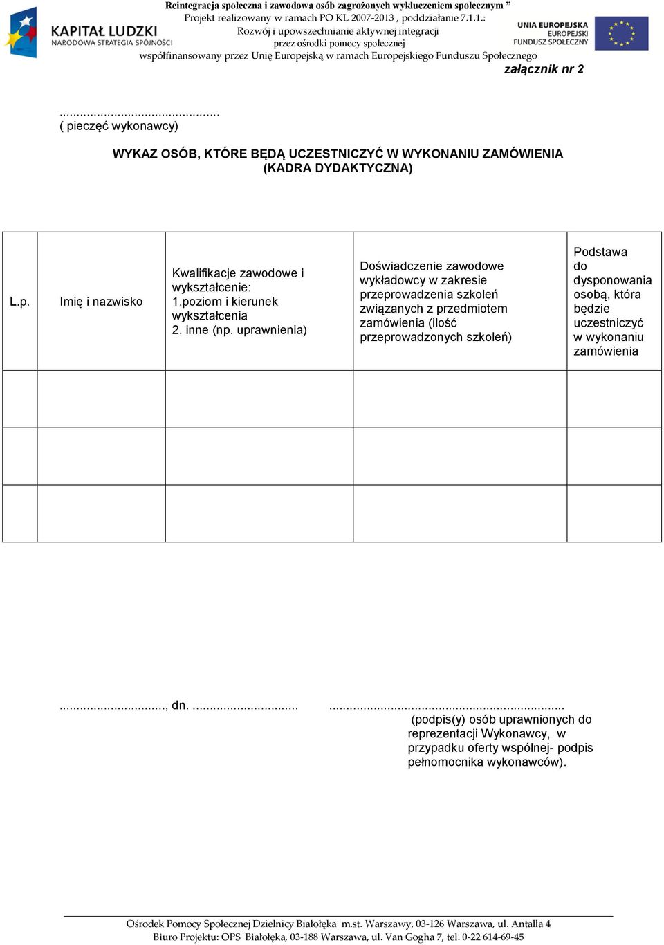 uprawnienia) Doświadczenie zawodowe wykładowcy w zakresie przeprowadzenia szkoleń związanych z przedmiotem zamówienia (ilość przeprowadzonych