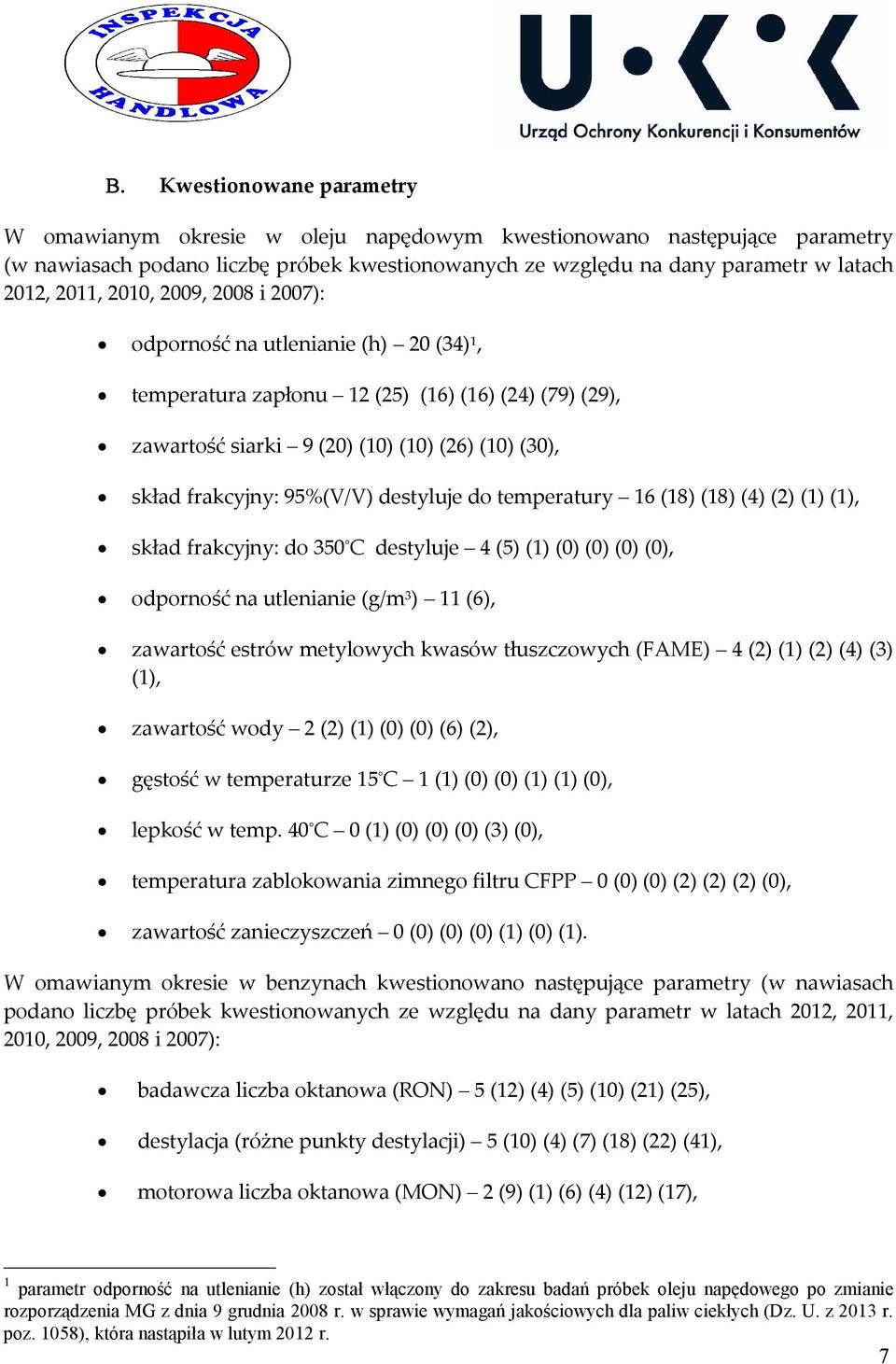 destyluje do temperatury 16 (18) (18) (4) (2) (1) (1), skład frakcyjny: do 350 C destyluje 4 (5) (1) (0) (0) (0) (0), odporność na utlenianie (g/m 3 ) 11 (6), zawartość estrów metylowych kwasów