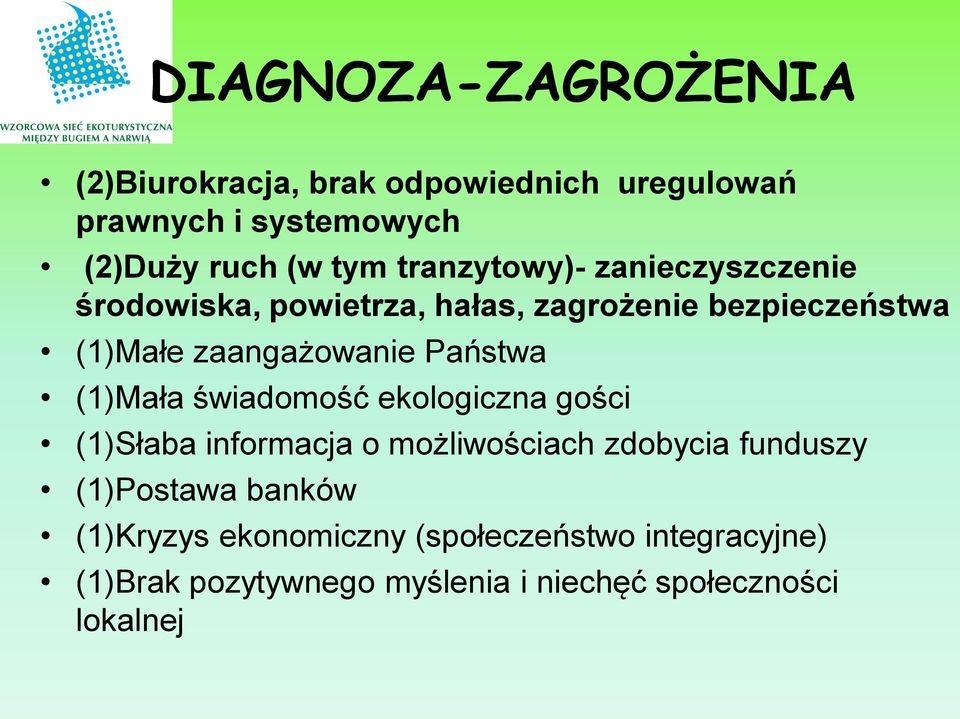 Państwa (1)Mała świadomość ekologiczna gości (1)Słaba informacja o możliwościach zdobycia funduszy (1)Postawa