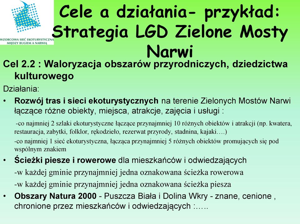 Mostów Narwi łączące różne obiekty, miejsca, atrakcje, zajęcia i usługi : -co najmniej 2 szlaki ekoturystyczne łączące przynajmniej 10 różnych obiektów i atrakcji (np.