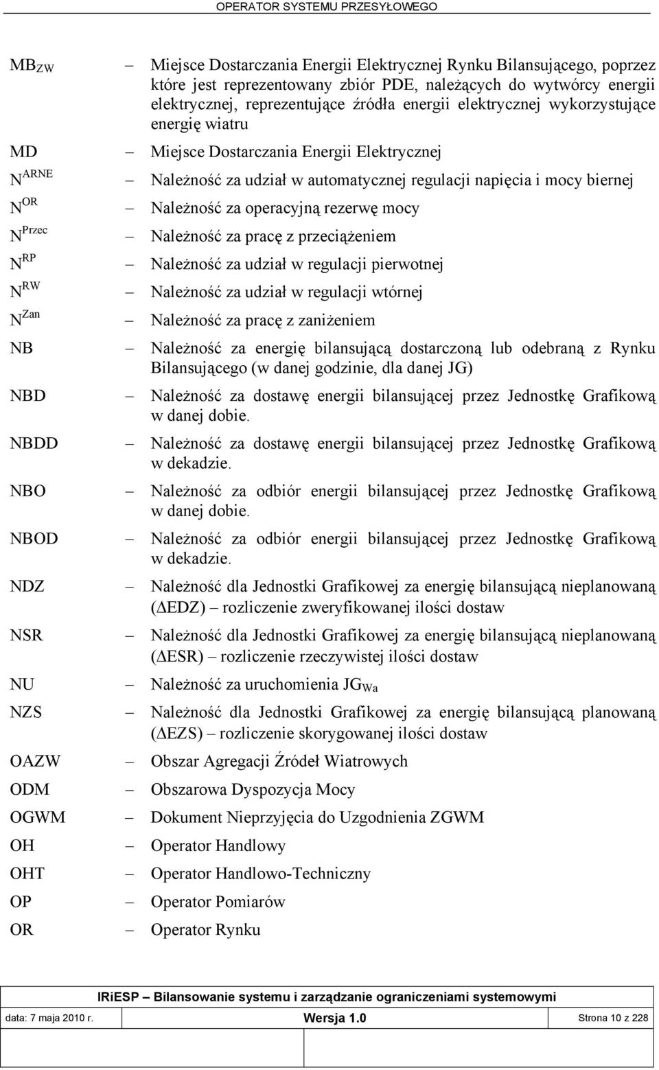 rezerwę mocy N Przec Należność za pracę z przeciążeniem N RP Należność za udział w regulacji pierwotnej N RW Należność za udział w regulacji wtórnej N Zan Należność za pracę z zaniżeniem NB Należność