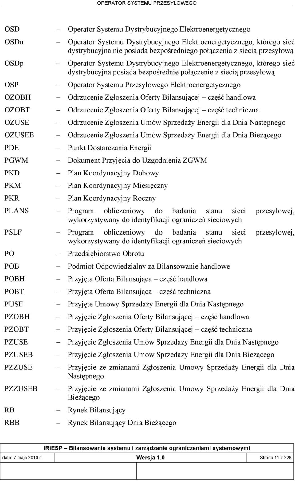 Elektroenergetycznego OZOBH Odrzucenie Zgłoszenia Oferty Bilansującej część handlowa OZOBT Odrzucenie Zgłoszenia Oferty Bilansującej część techniczna OZUSE Odrzucenie Zgłoszenia Umów Sprzedaży