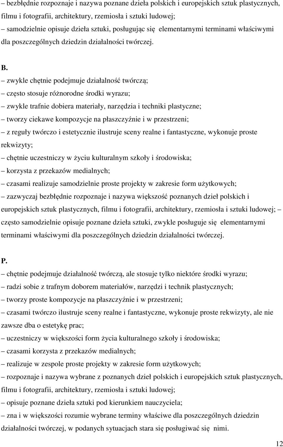 zwykle chętnie podejmuje działalność twórczą; często stosuje różnorodne środki wyrazu; zwykle trafnie dobiera materiały, narzędzia i techniki plastyczne; tworzy ciekawe kompozycje na płaszczyźnie i w