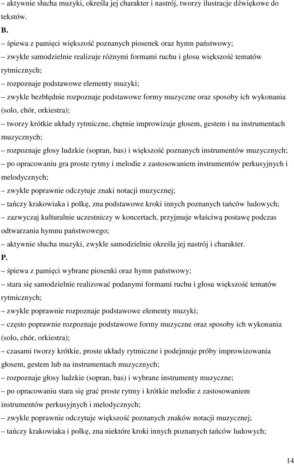 zwykle bezbłędnie rozpoznaje podstawowe formy muzyczne oraz sposoby ich wykonania (solo, chór, orkiestra); tworzy krótkie układy rytmiczne, chętnie improwizuje głosem, gestem i na instrumentach