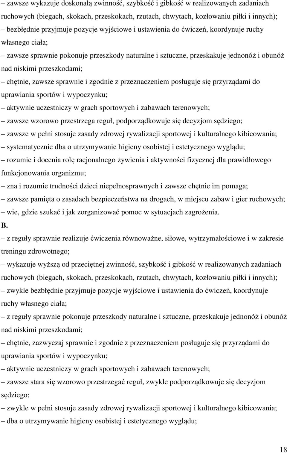 sprawnie i zgodnie z przeznaczeniem posługuje się przyrządami do uprawiania sportów i wypoczynku; aktywnie uczestniczy w grach sportowych i zabawach terenowych; zawsze wzorowo przestrzega reguł,