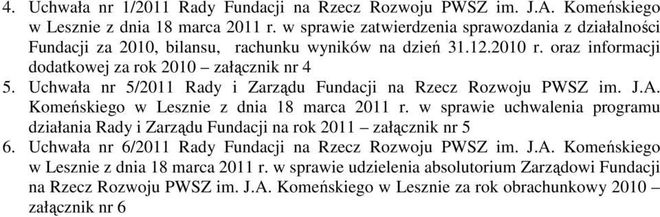Uchwała nr 5/2011 Rady i Zarządu Fundacji na Rzecz Rozwoju PWSZ im. J.A. Komeńskiego w Lesznie z dnia 18 marca 2011 r.